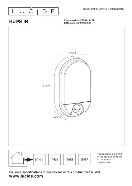 Lucide HUPS IR - Applique murale Intérieur/Extérieur - LED - 1x10W 3000K - IP54- Détecteur De Mouvement & Jour/Nuit - Noir - technique